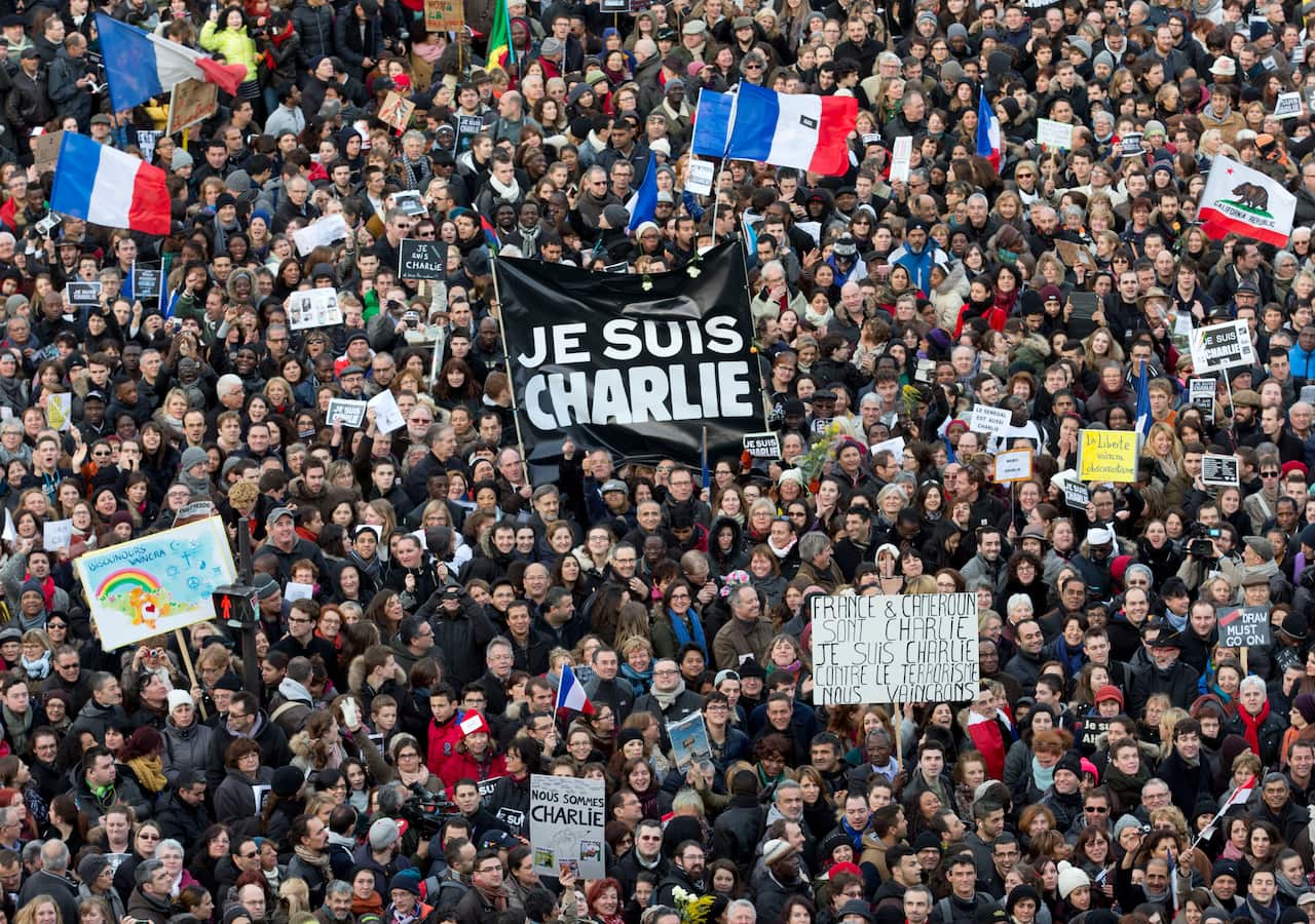 In this 11 January, 2015 file photo, thousands of people gather at Republique Square in Paris after the attacks against Charlie Hebdo.