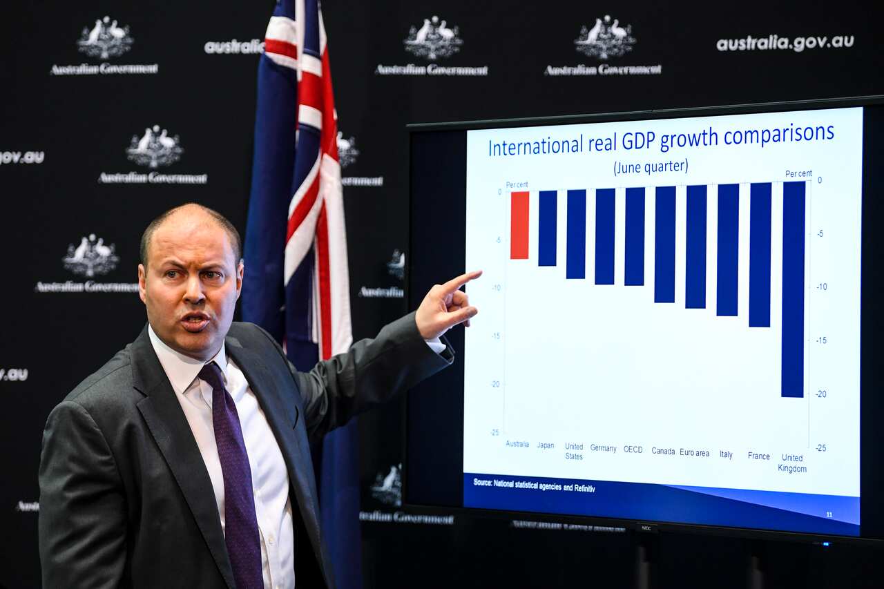 Australian Treasurer Josh Frydenberg speaks to the media.
