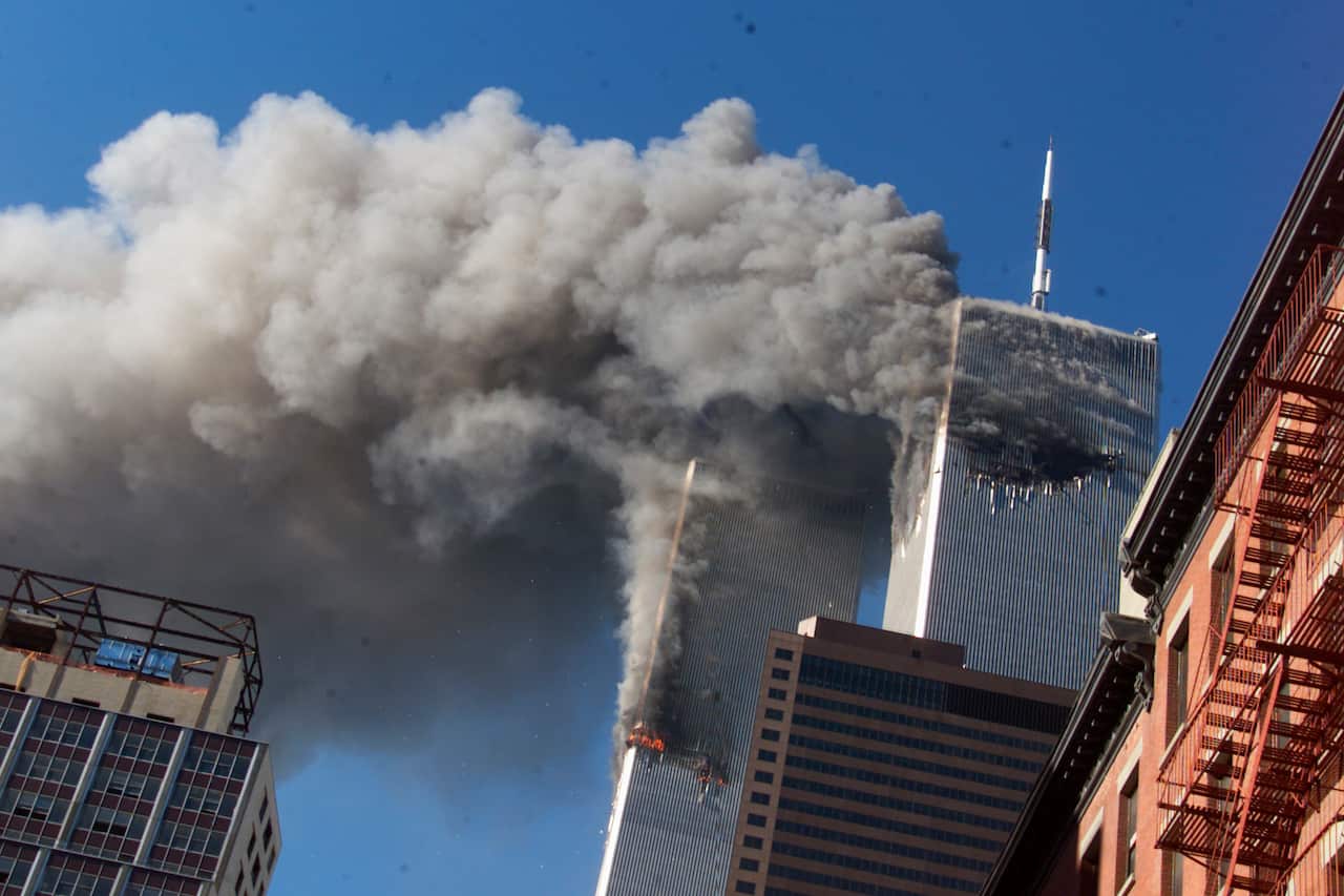 Smoke rising from the twin towers of the World Trade Center.