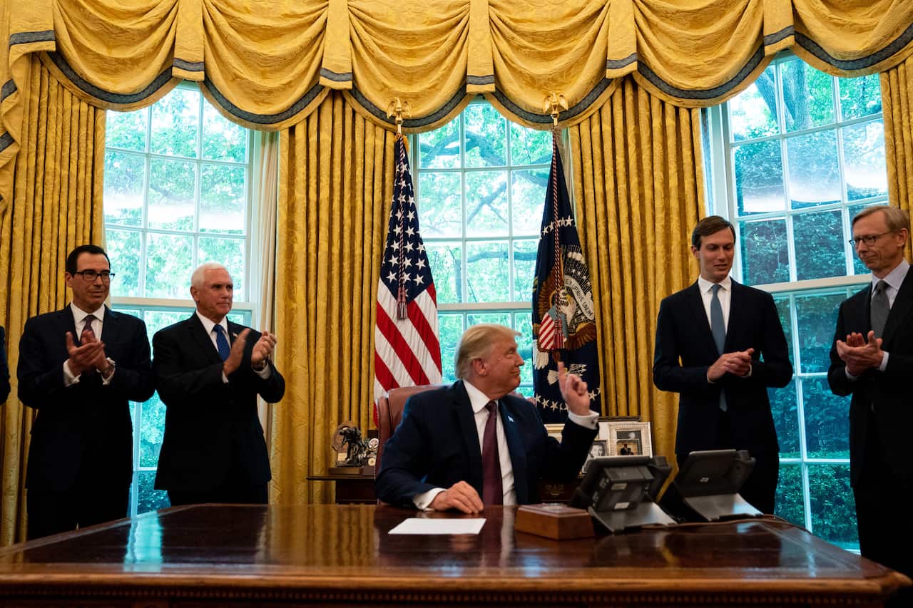 Donald Trump speaks in the Oval Office after the announcement that Bahrain would normalise relations with Israel. 