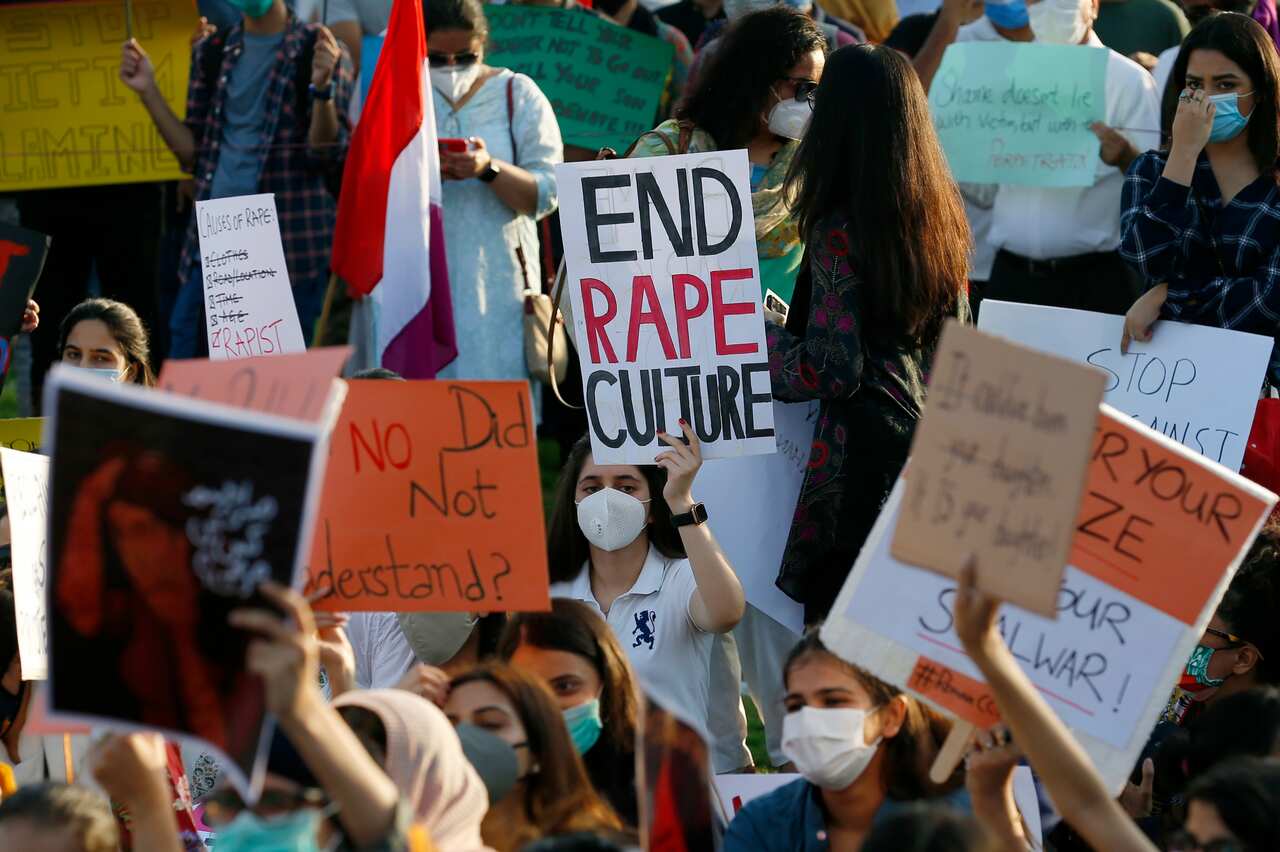 Members of Women Democratic Front take part in a rally to condemn a rape on a deserted highway, in Islamabad, Pakistan, Saturday, Sept. 12, 2020.