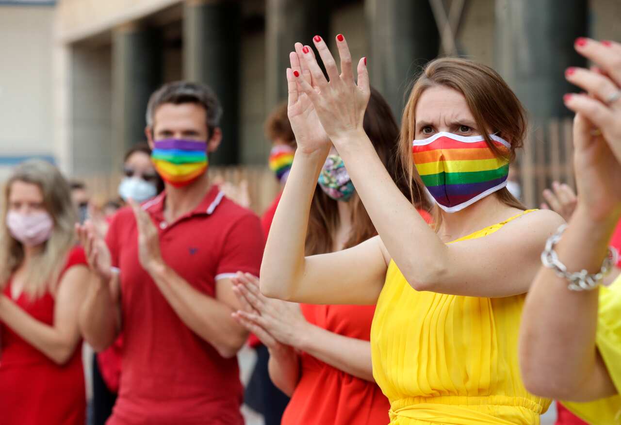 Members of European Parliament and supporters demonstrate their support for the Polish LGBTIQ+ community in front of Parliament in Brussels, 15 September 2020.