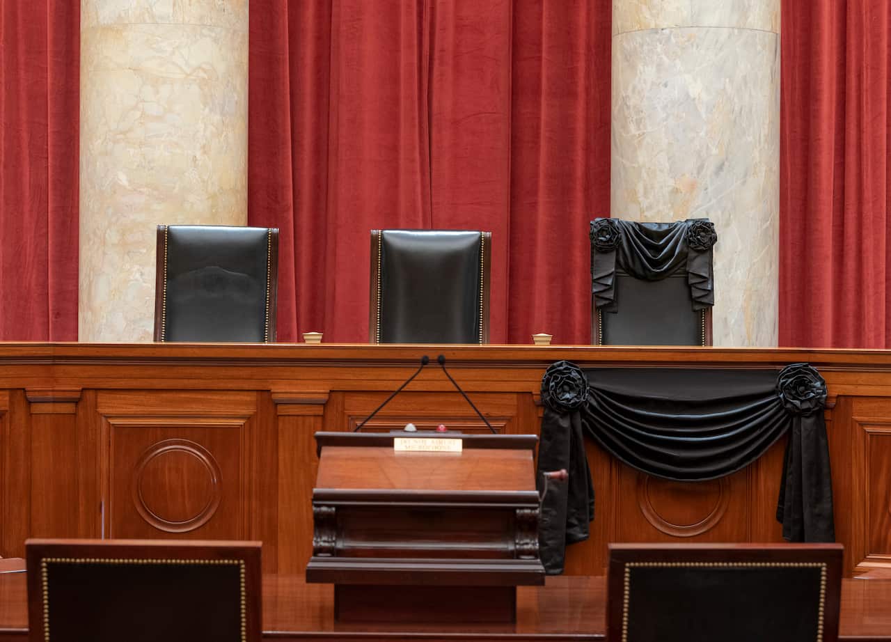 The US Supreme Court Bench draped for the death of Justice Ruth Bader Ginsburg.