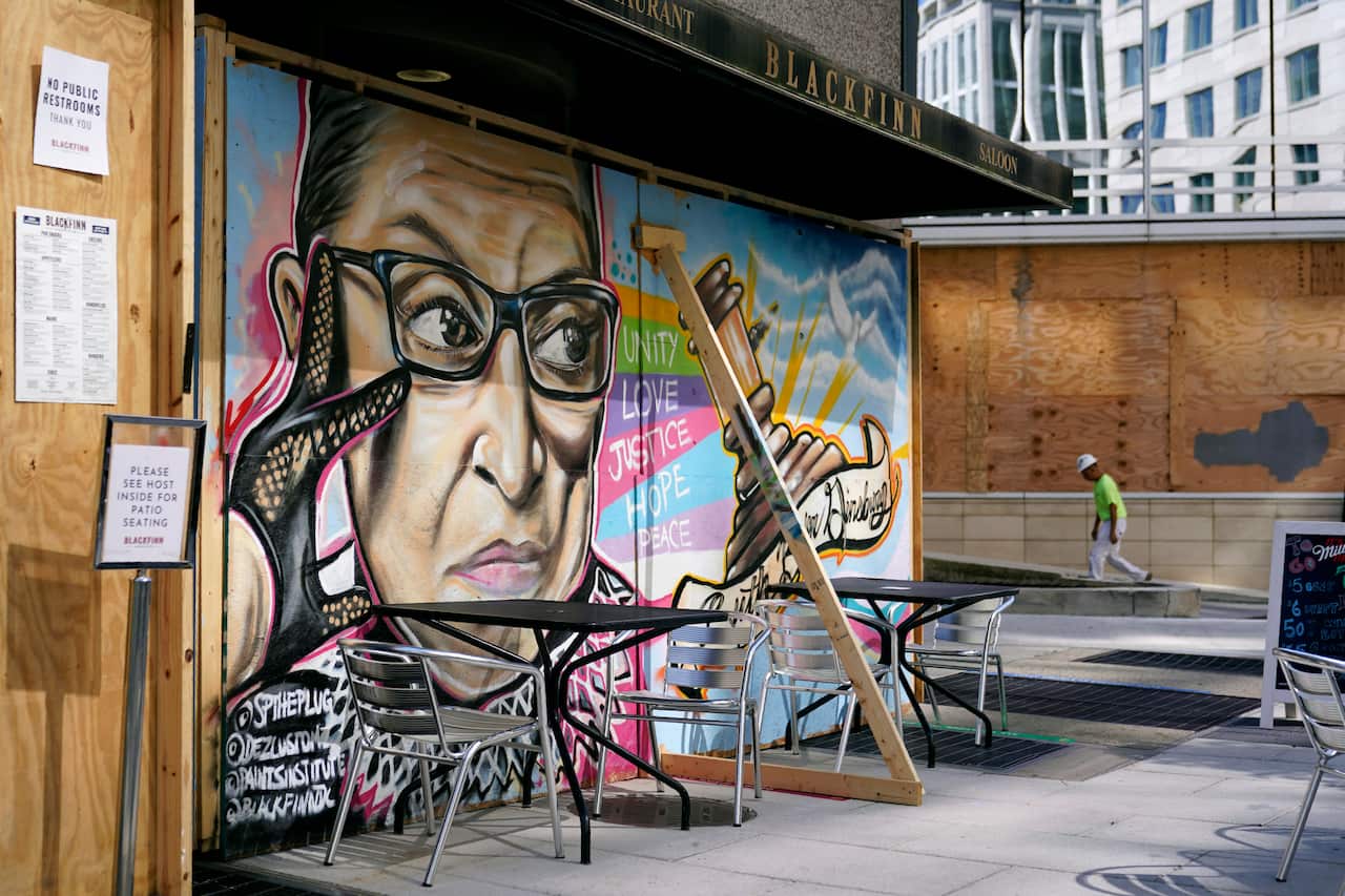 A mural in remembrance of Supreme Court Justice Ruth Bader Ginsburg outside Blackfinn Ameripub in Washington.
