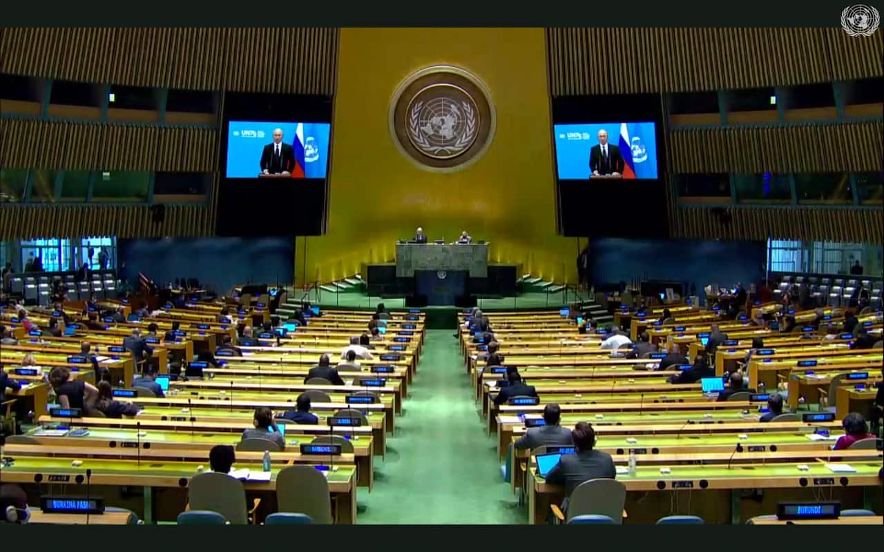 Russian President Vladimir Putin speaks in a pre-recorded message which was played during the 75th session of the U General Assembly in New York. 