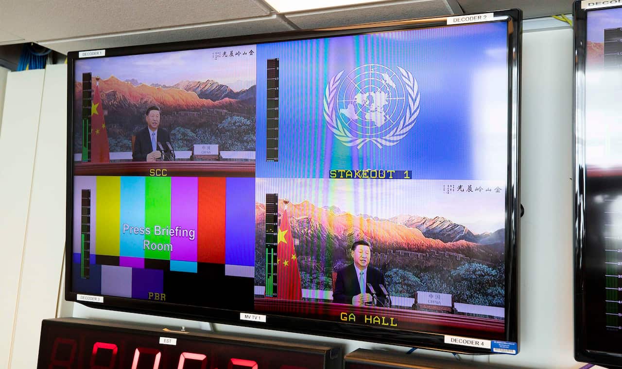 Chinese President Xi Jinping remotely addressing  the 75th session of the General Assembly of the United Nations in New York.