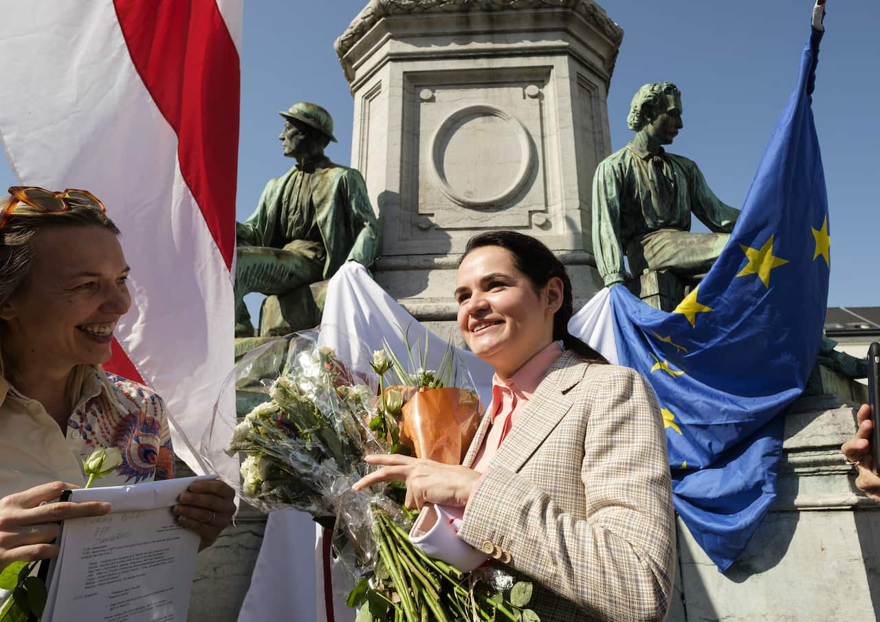 Belarus opposition leader Svetlana Tikhanovskaya takes part in a rally outside of the EU headquarters in Brussels, Belgium, on September 21, 2020. 