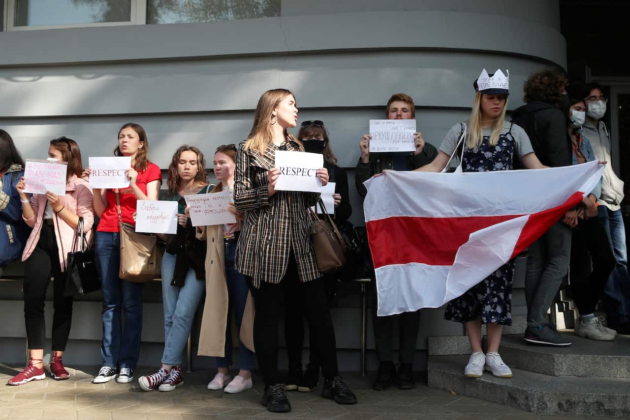 Students of Minsk State Linguistic University take part in a protest against Alexander Lukashenko's inauguration.
