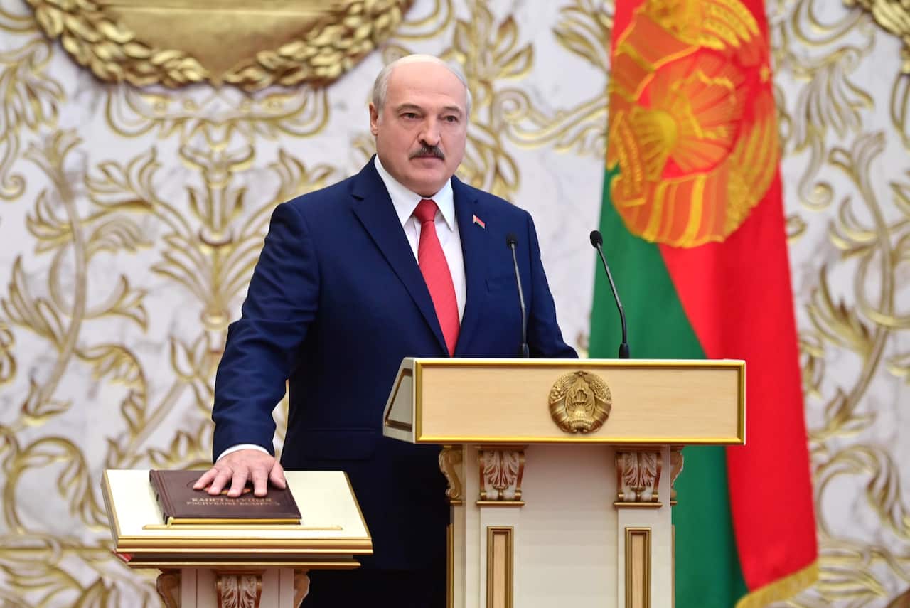 Belarus' President Alexander Lukashenko takes oath of office during an inauguration ceremony at the Palace of Independence.
