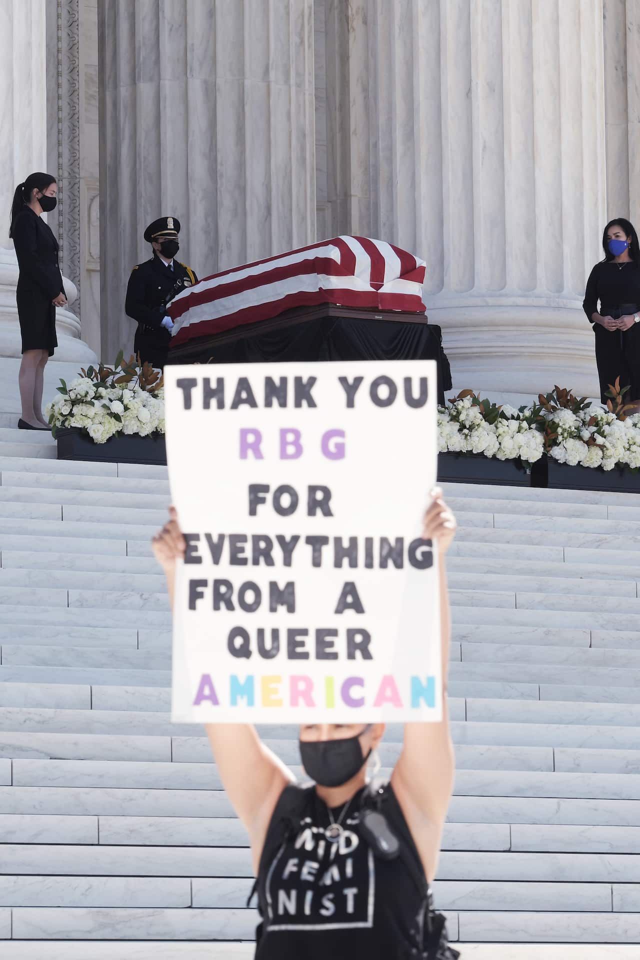 The casket of Supreme Court of Justice Ruth Bader Ginsburg lies on the step of US Supreme Court in Washington DC.