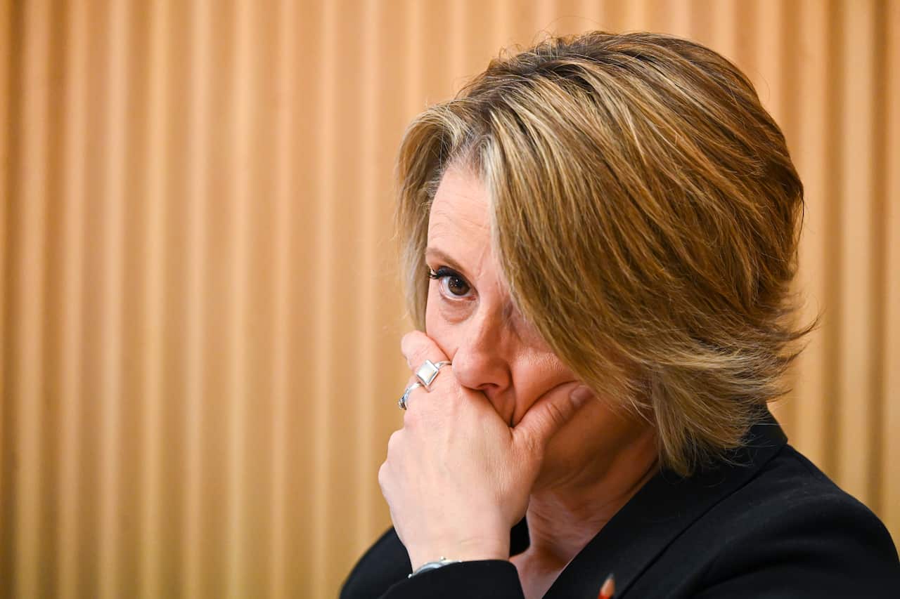 Labor's Home Affairs spokesperson Kristina Keneally reacts during the commitee.