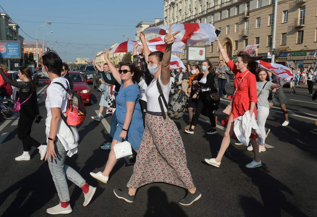 Participants of a women's peaceful solidarity action march in Minsk, Belarus on 26 September.