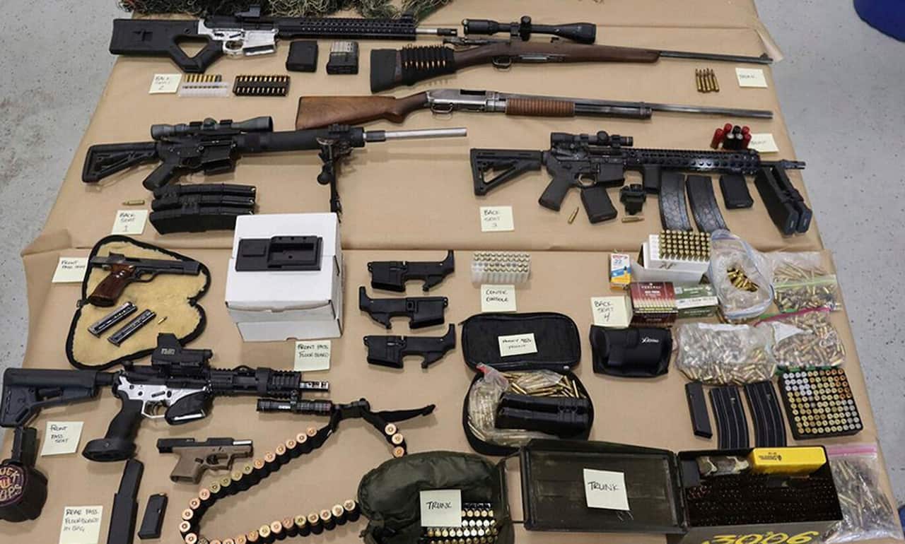 Weapons recovered from a white supremacist gang member after he died in a shootout with central California sheriff's deputies.