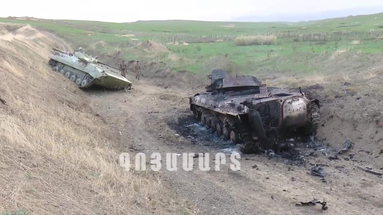 Tanks allegedly destroyed in attacks in the Nagorno-Karabakh Republic, on the border of Armenia and Azerbaijan, 27 September 2020.