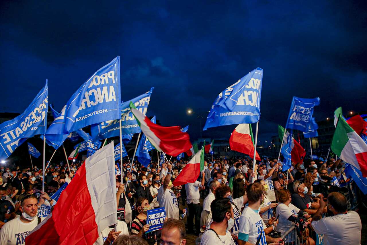 Matteo Salvini pictured the day before the trial in a meeting with his supporters in Catania. 