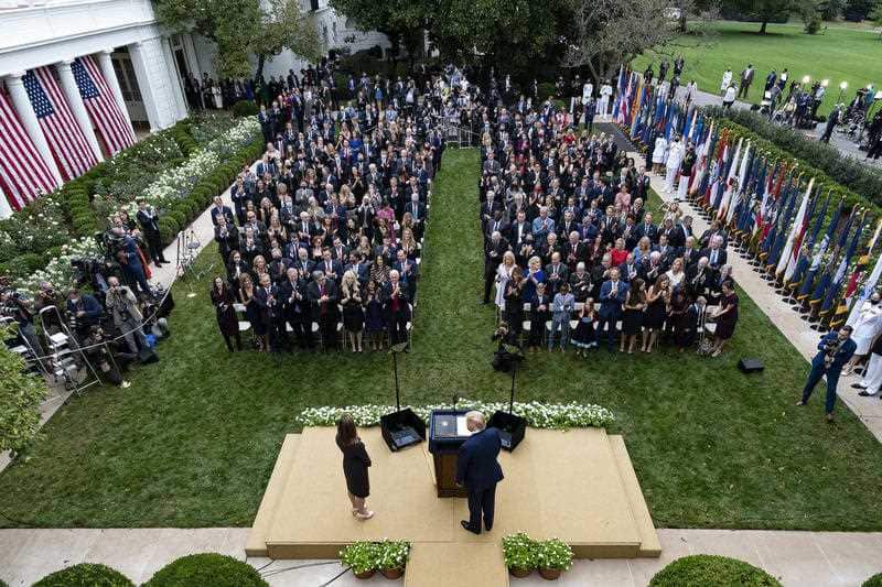 A crowd watches on at the White House Rose Garden last week as Donald Trump announces Amy Coney Barrett as his nominee to the Supreme Court