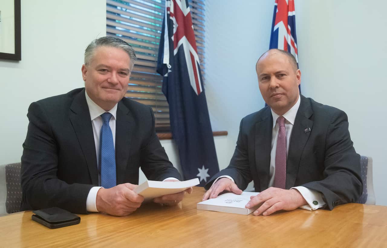 The Treasurer Josh Frydenberg and Finance Minister Mathias Cormann at a budget day photographic opportunity in the Treasurers office of Parliament House, Canberra. Tuesday, October 6, 2020. (AAP Image/The Guardian pool/Mike Bowers) NO ARCHIVING