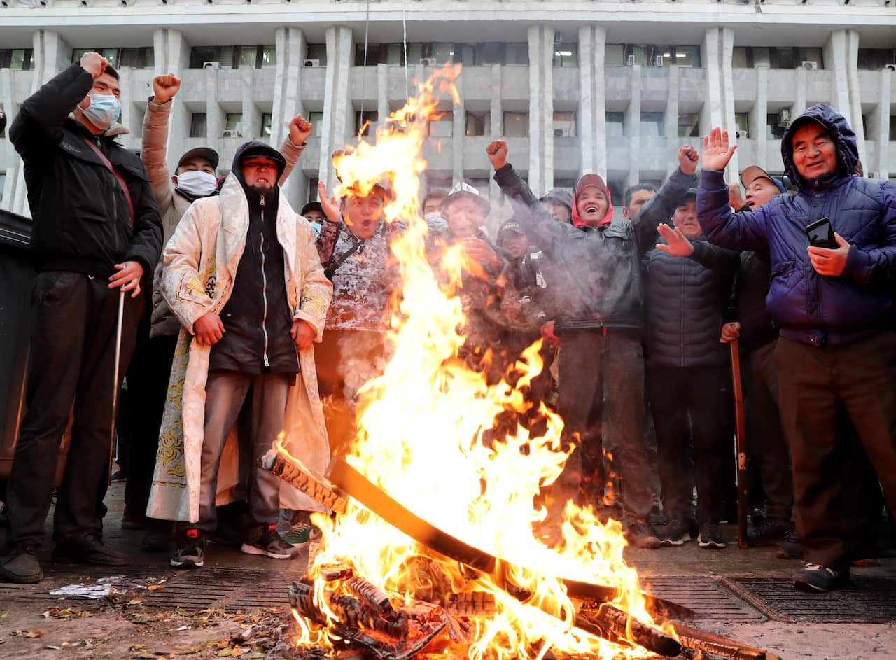 People protested against the results of parliamentary elections at the presidential administration in Bishkek, Kyrgyzstan, 06 October 2020. Protesters have said that the 04 October parliamentary election was rigged. EPA/IGOR KOVALENKO