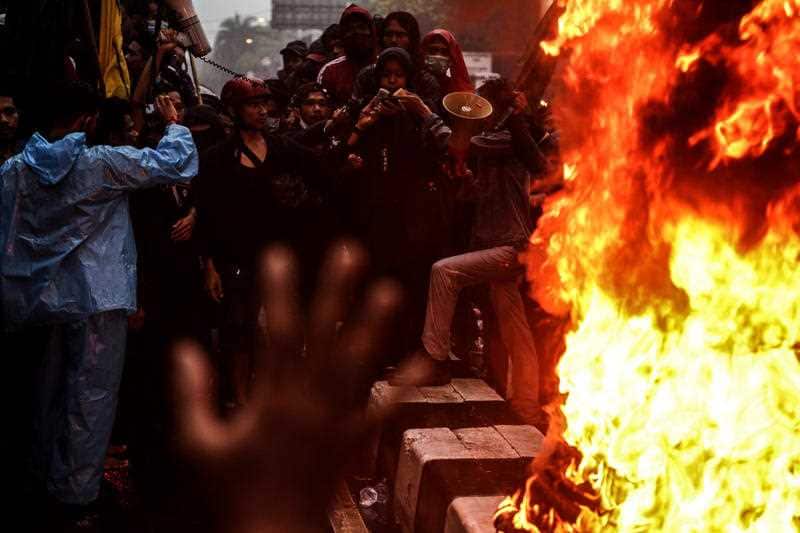 Protesters during protest against a Omnibus law which fear will favour investors at the expense of labour rights and the environment in Bogor.