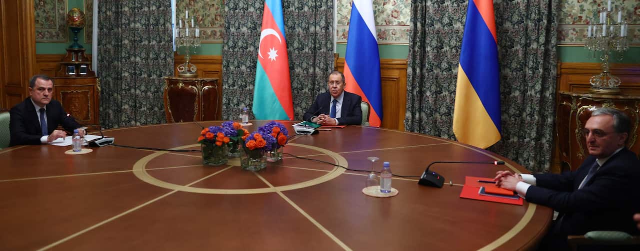 Azerbaijan's Foreign Minister Jeyhun Bayramov, Russian Foreign Minister Sergei Lavrov and Armenian Foreign Minister Zohrab Mnatsakanyan during trilateral talks.