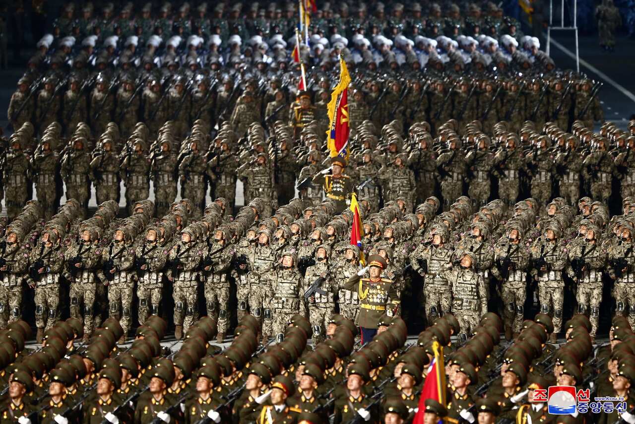 A photo released by the official North Korean Central News Agency  shows North Korean soldiers during a military parade in Kim Il Sung Square in Pyongyang.