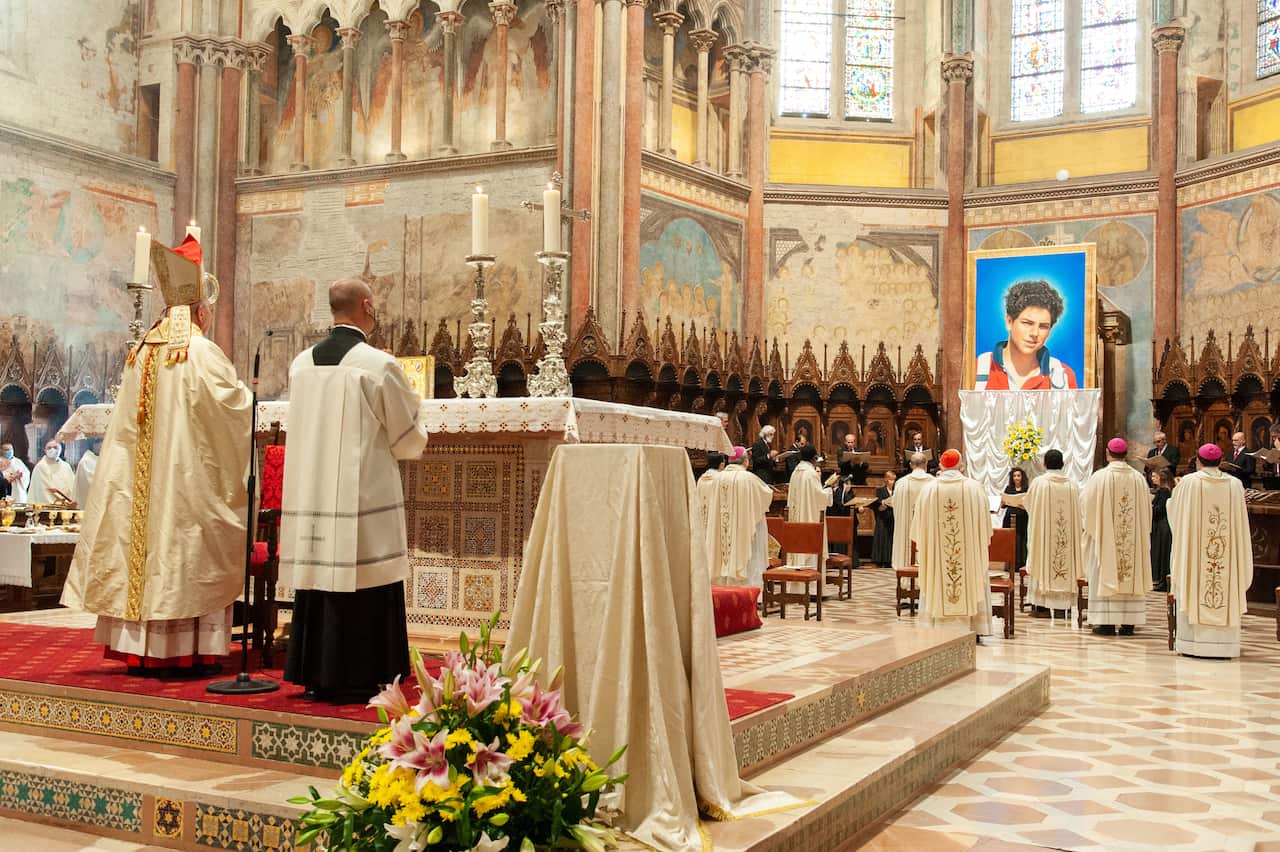 Agostino Vallini celebrates mass for the beatification process of Carlo Acutis, at the Basilica of San Francesco.