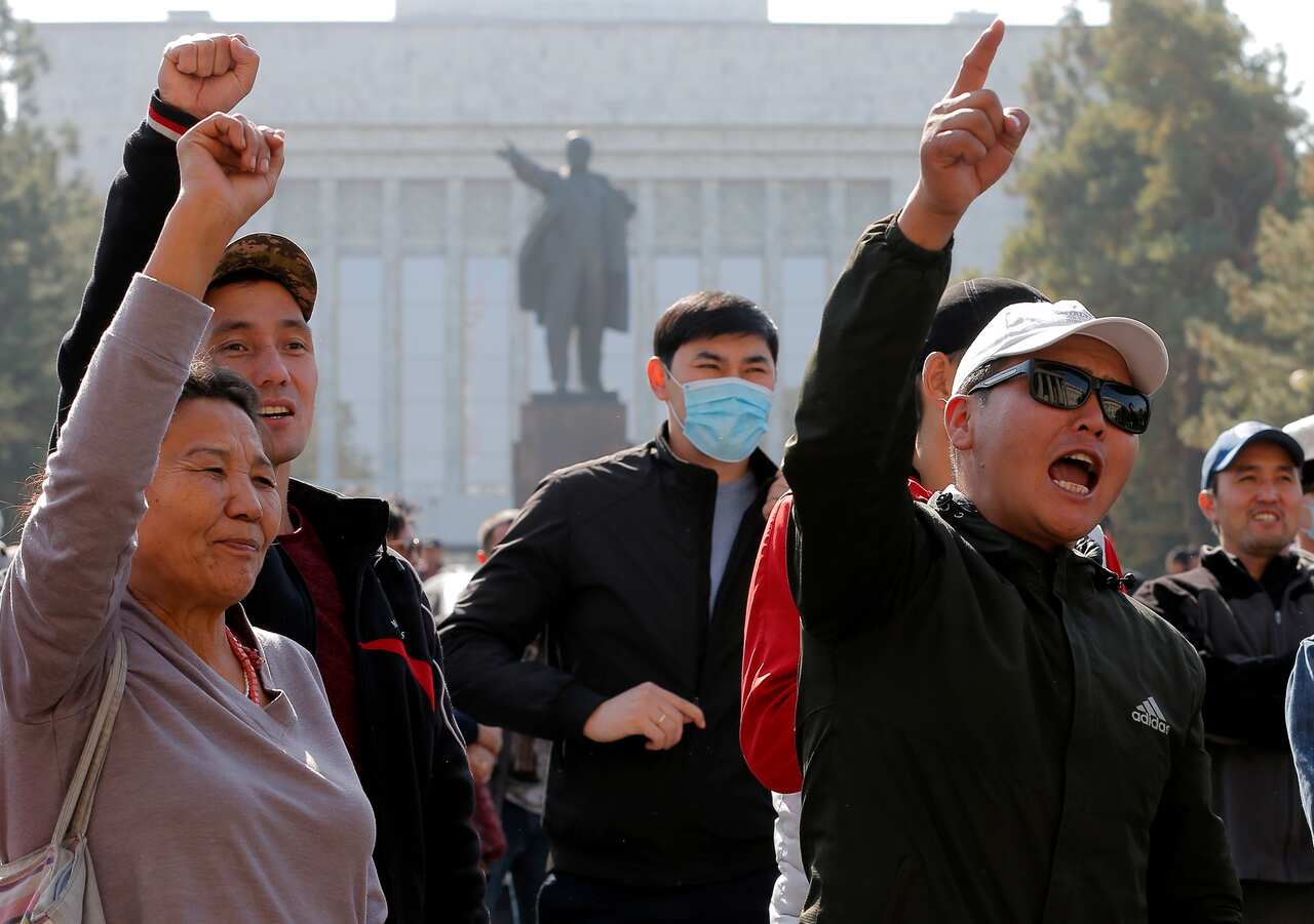 Supporters of Sadyr Japarov gather outside the government house in Bishkek, Kyrgyzstan.