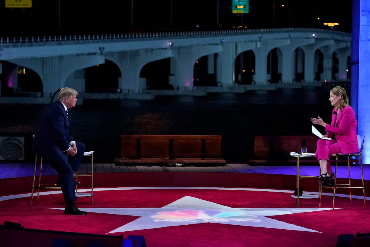 President Donald Trump speaks during an NBC News Town Hall with moderator Savannah Guthrie, at Perez Art Museum Miami, Thursday, Oct. 15, 2020, in Miami. (AP Photo/Evan Vucci)
