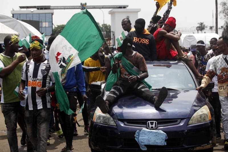 Protesters in the Ikeja district of Lagos, Nigeria, 19 October 2020