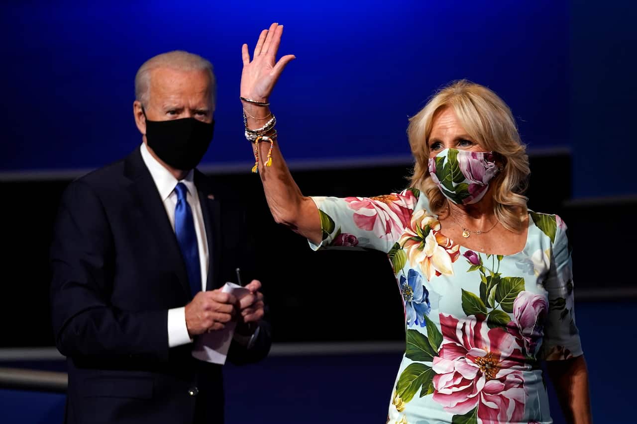 Jill Biden, wife of President-elect Joe Biden, waves after the second and final presidential debate.