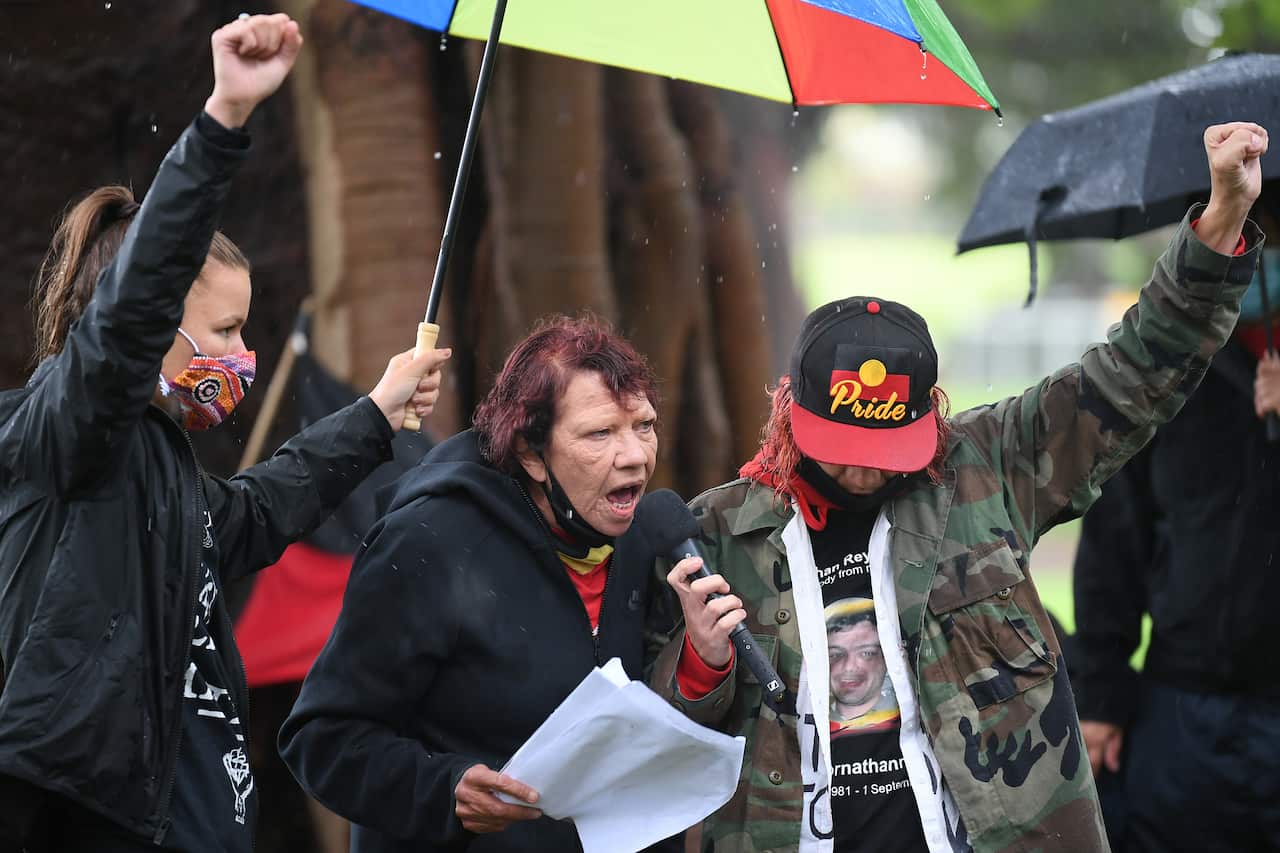 Leetona Dungay (centre), the mother of David Dungay, addresses protesters at a Sydney rally.