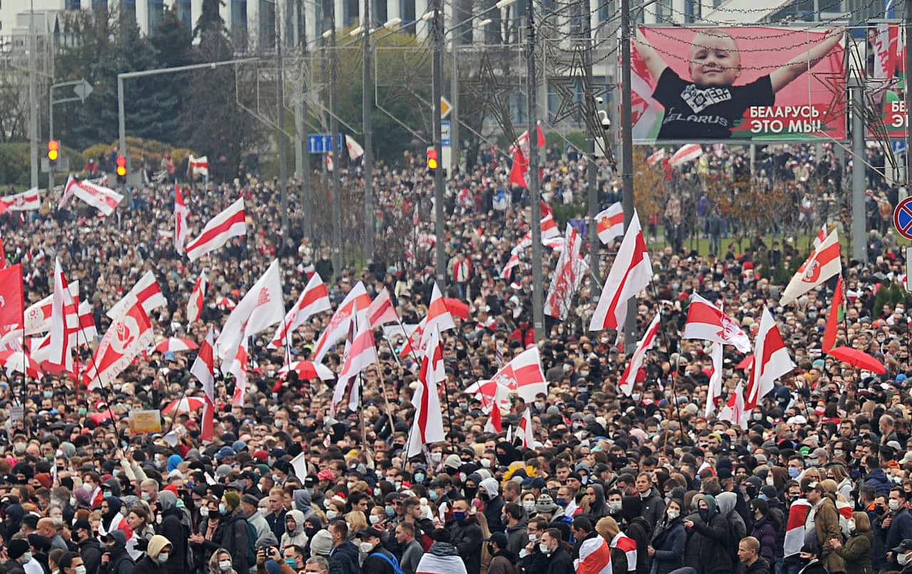 Thousands attend an opposition rally to reject the Belarusian presidential election results in Minsk, Belarus October 25, 2020.