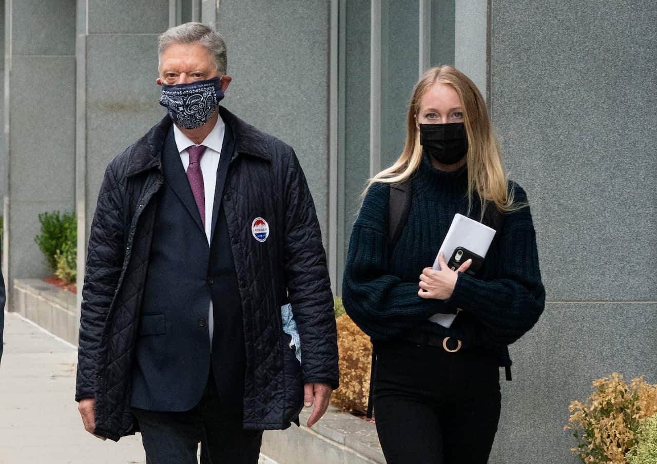 Nxivm survivor India Oxenberg, right, arrives with her attorney at Brooklyn federal court for the sentencing hearing on Tuesday, Oct. 27, 2020 in New York. 