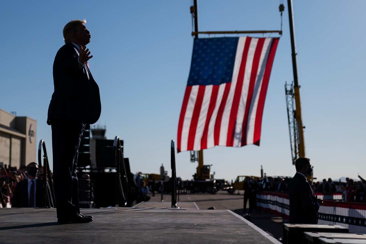 President Donald Trump gestures to supporters after a campaign rally at Phoenix Goodyear Airport, Wednesday, Oct. 28, 2020, in Goodyear, Ariz. (AP Photo/Evan Vucci)