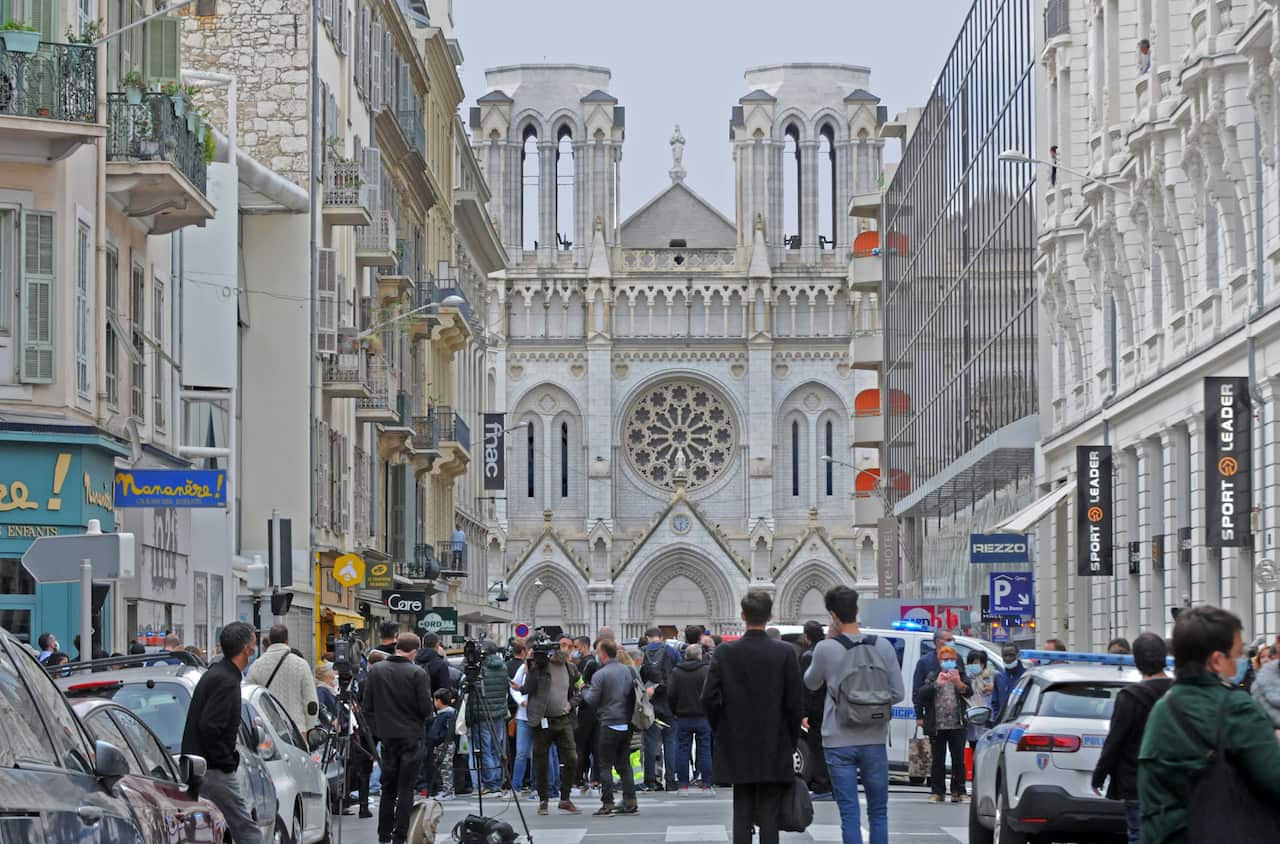 Police outside the Basilica of Notre-Dame de Nice after a knife attack in Nice, France on 29 October.