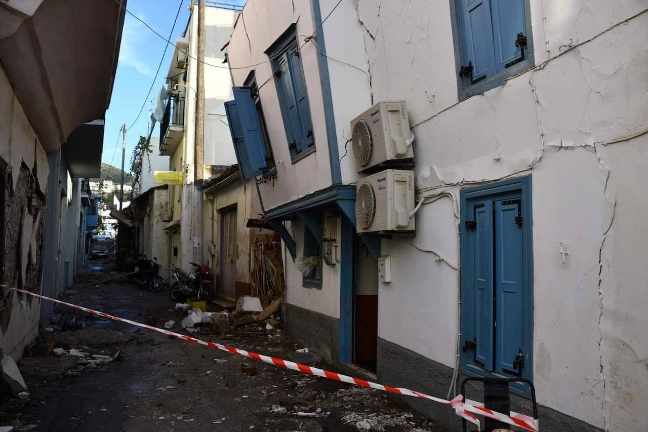 Damaged buildings are seen after an earthquake at the port of Vathi on the eastern Aegean island of Samos, Greece, Friday, Oct. 30, 2020. 