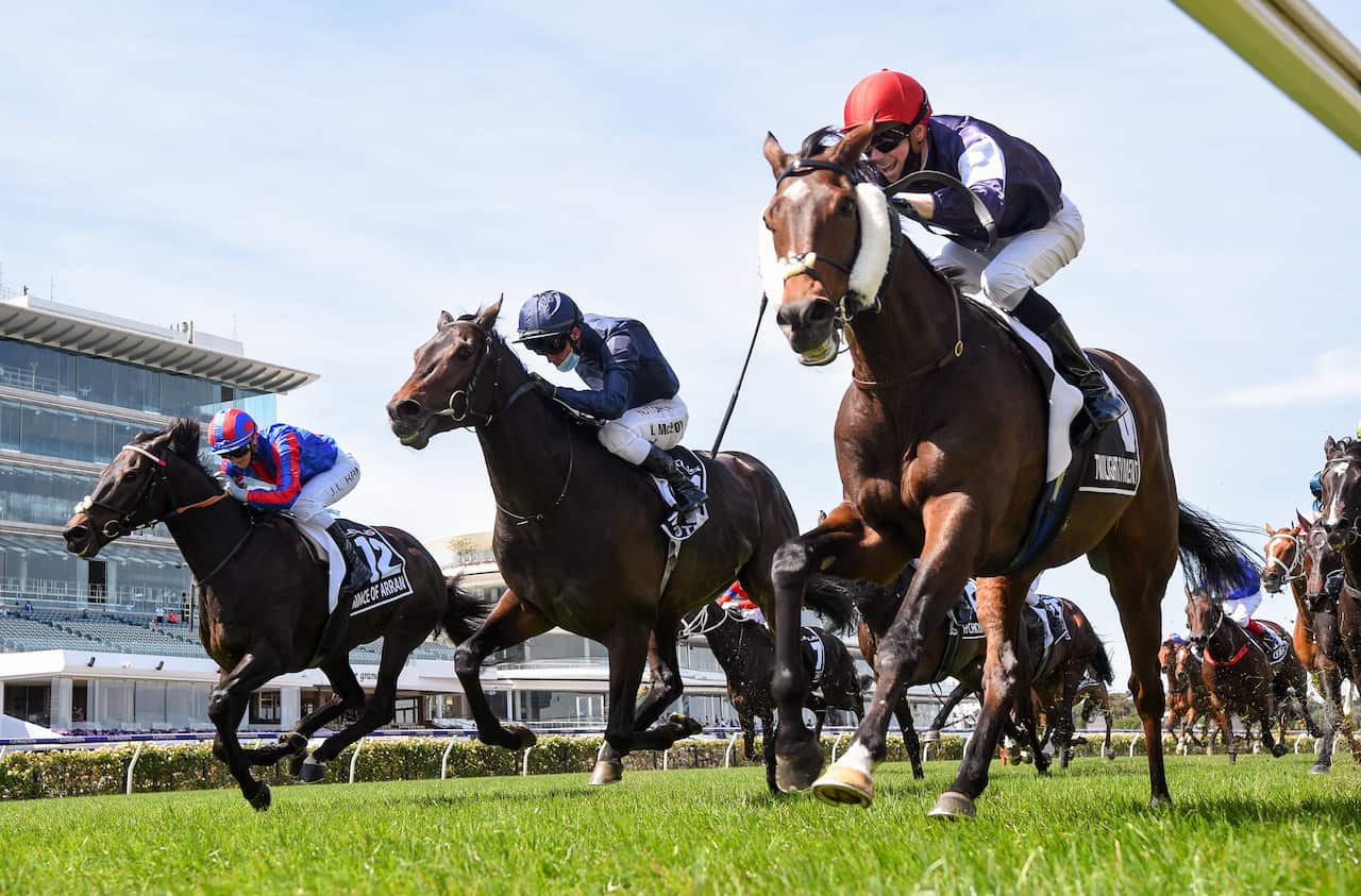 Jockey Jye McNeil rides Twilight Payment to victory in race 7, The Lexus Melbourne Cup, during Melbourne Cup Day at Flemington Racecourse in Melbourne, Tuesday, November 3, 2020. (AAP Image/Racing Photos, Pat Scala) NO ARCHIVING, EDITORIAL USE ONLY