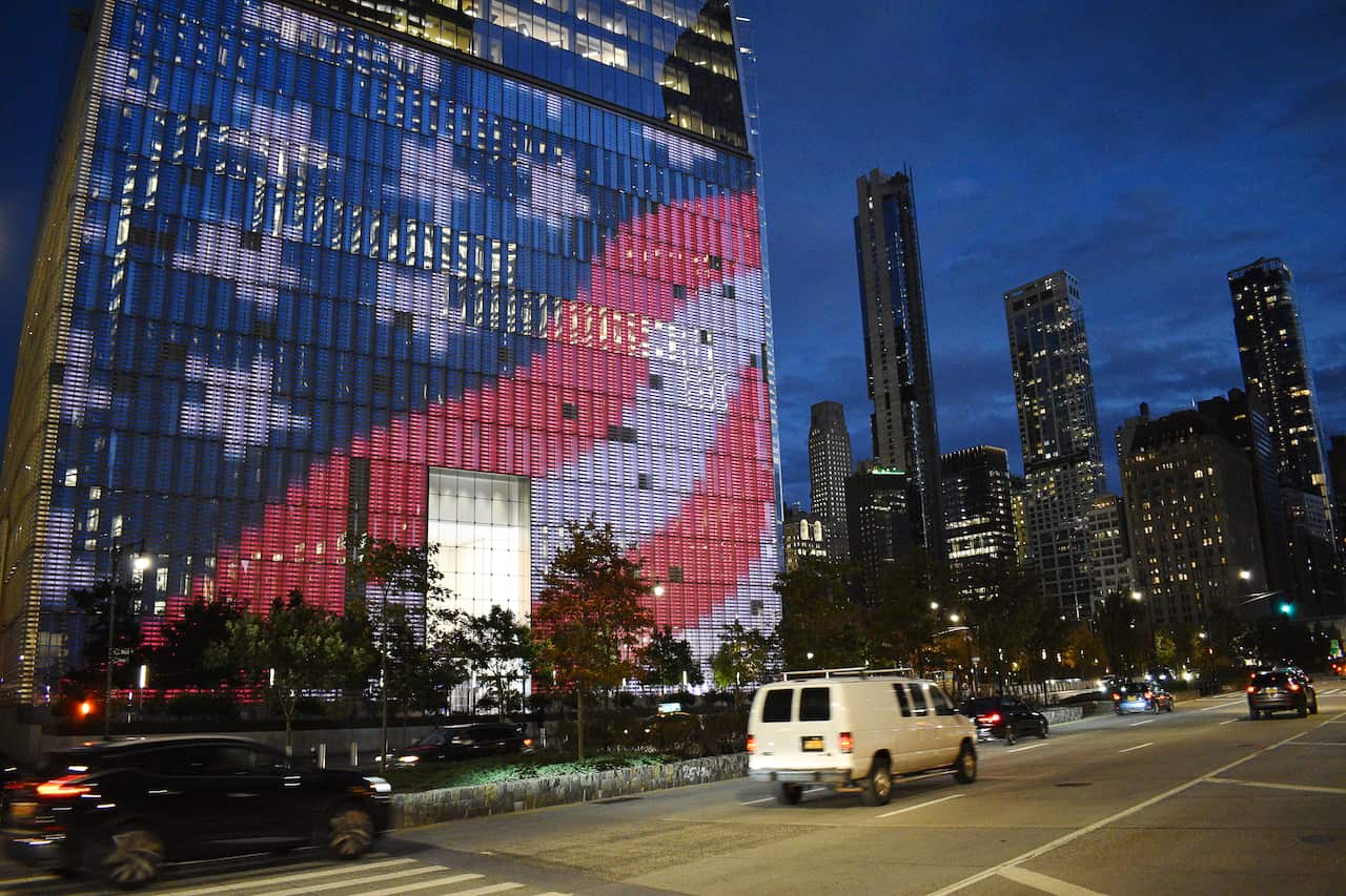 A digital US flag on the One World Trade Centre building on Election Day.