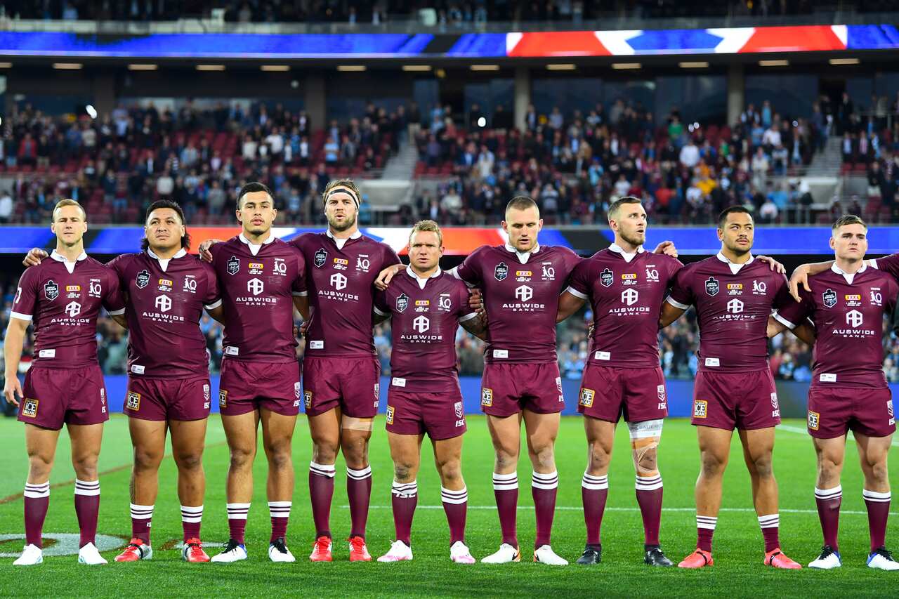Maroons players during the national anthem on Wednesday. 