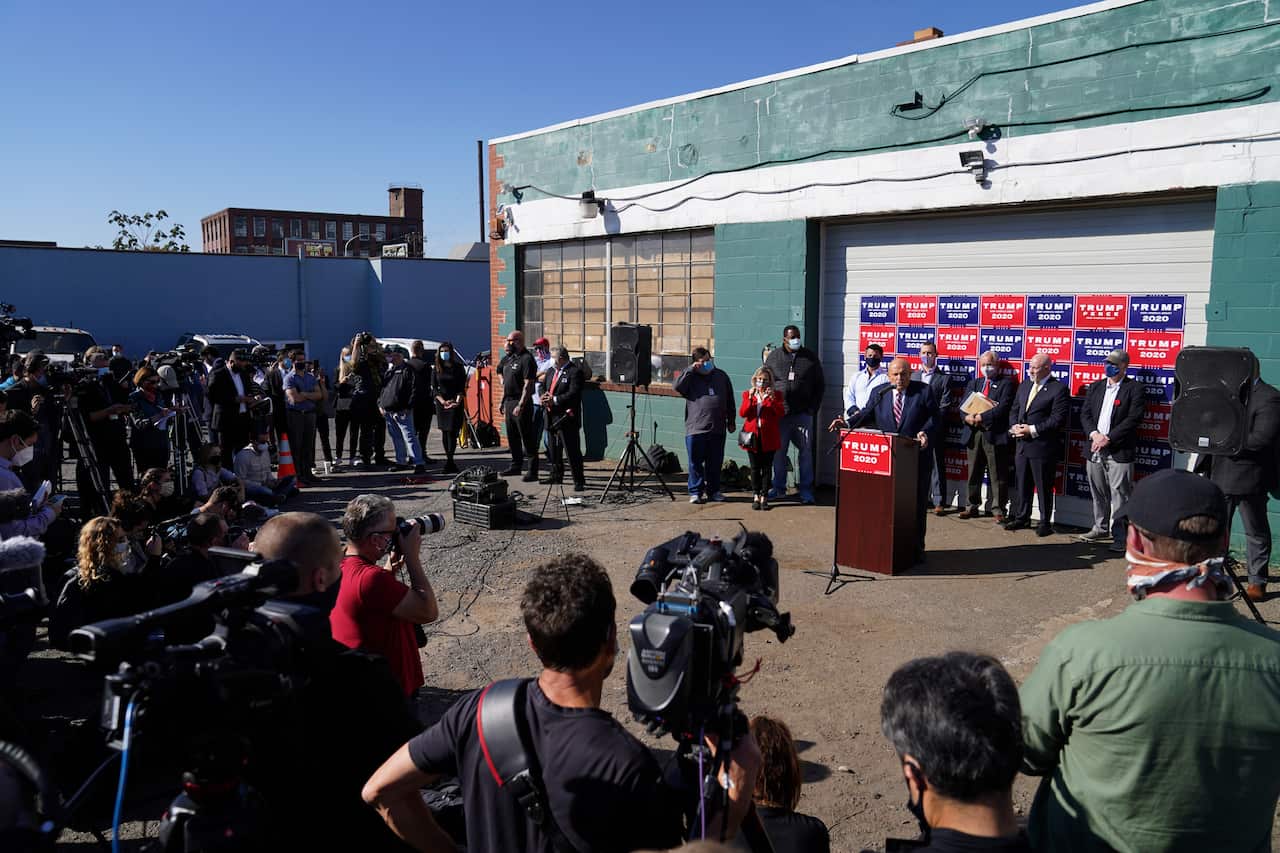 Former New York mayor Rudy Giuliani speaks during a news conference on legal challenges to vote counting in Pennsylvania.