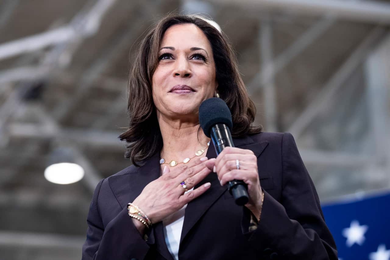 Kamala Harris addresses the audience during a rally in Los Angeles.