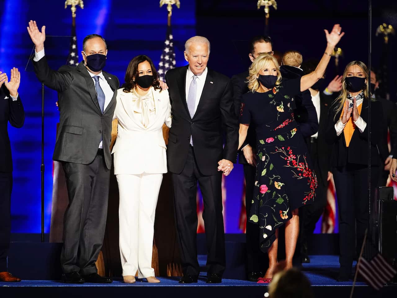 President-elect Joe Biden and his wife, Jill, alongside vice-president elect Kamala Harris and her husband, Doug Emhoff.