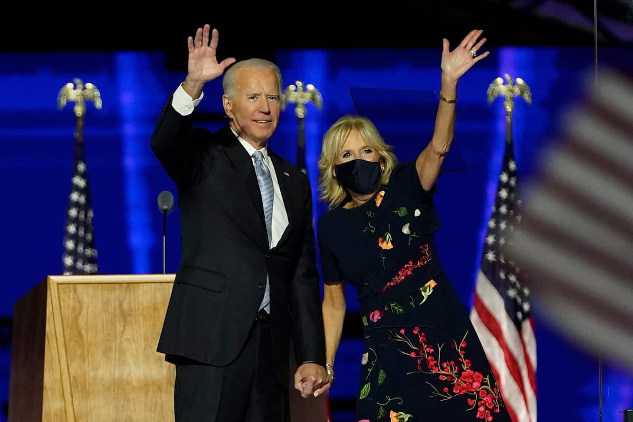 Joe and Jill Biden celebrate his election victory on Sunday.