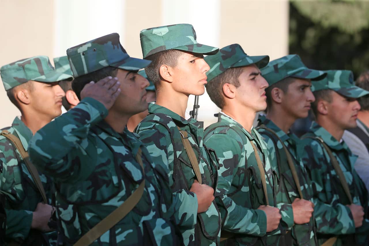 Azerbaijani servicemen on duty at a border outpost.