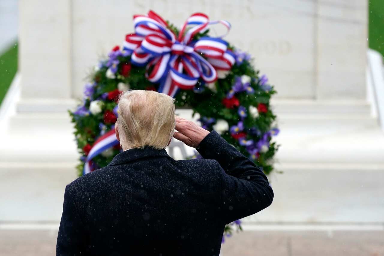 President Trump salutes at the Tomb of the Unknown Soldier at Arlington National Cemetery.