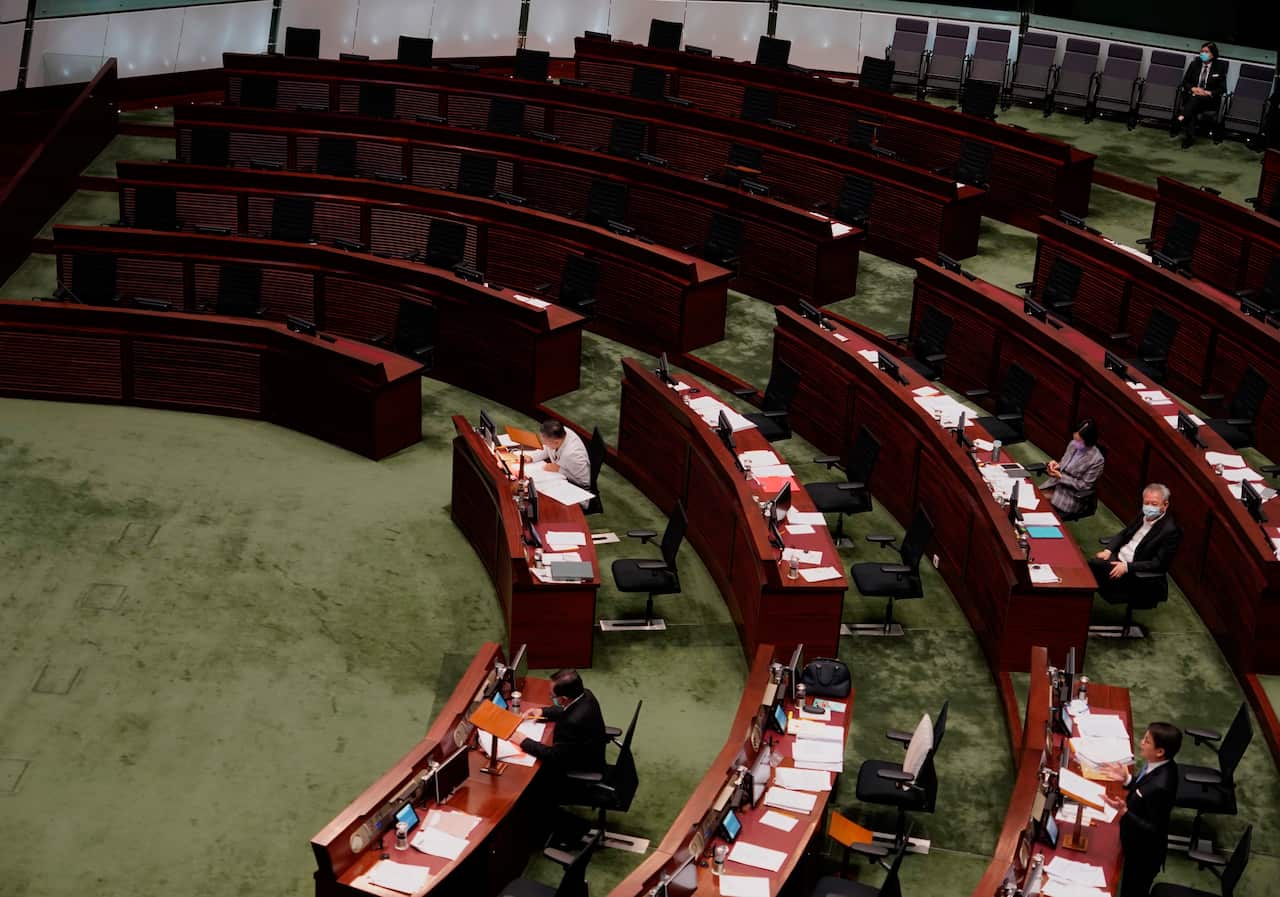 Empty seats of pro-democracy legislators at Legislative Chamber in Hong Kong, Thursday day, Nov. 12, 2020.