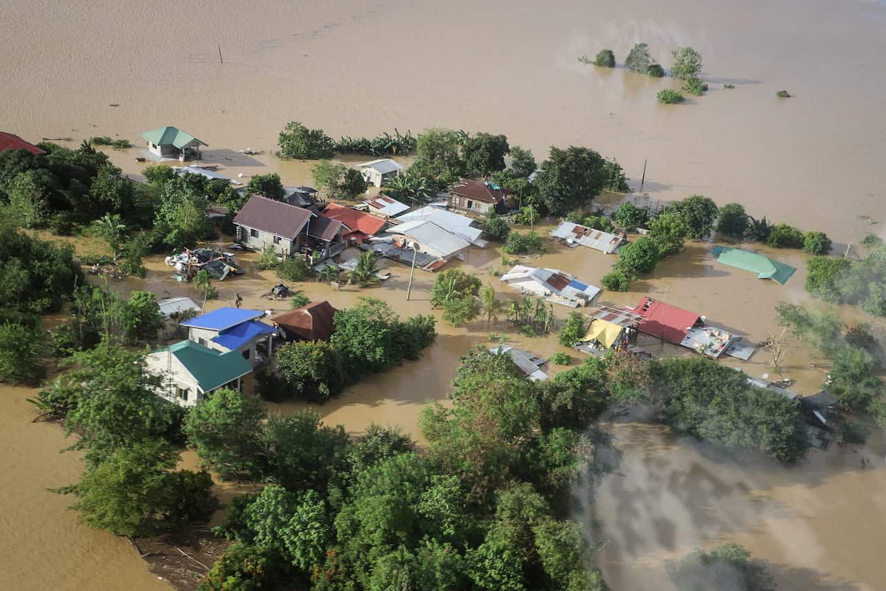 An aerial view of houses submerged in water following the aftermath of typhoon Vamco in Cagayan region. 