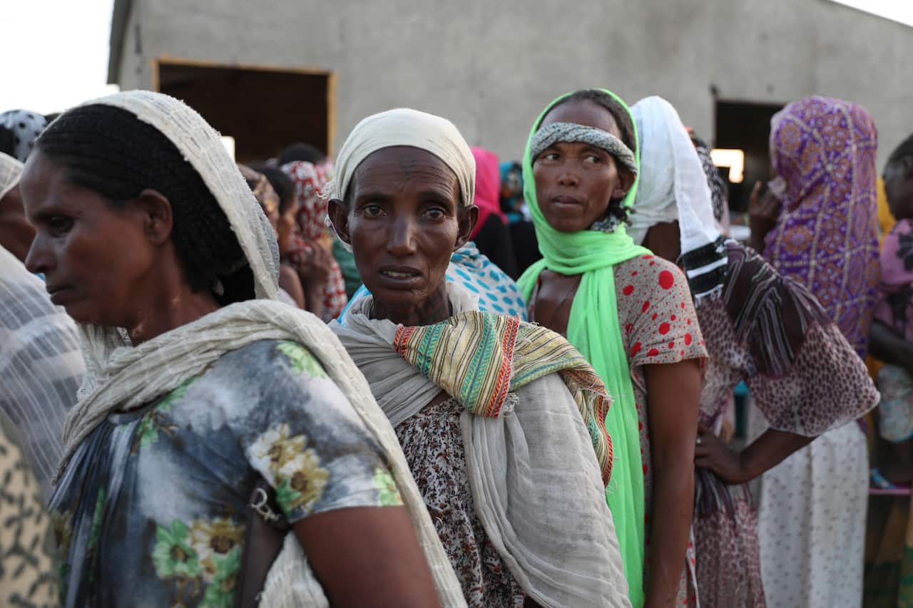 Ethiopian refugees gather in the Qadarif region of Eastern Sudan, Sunday, 15 November, 2020. 