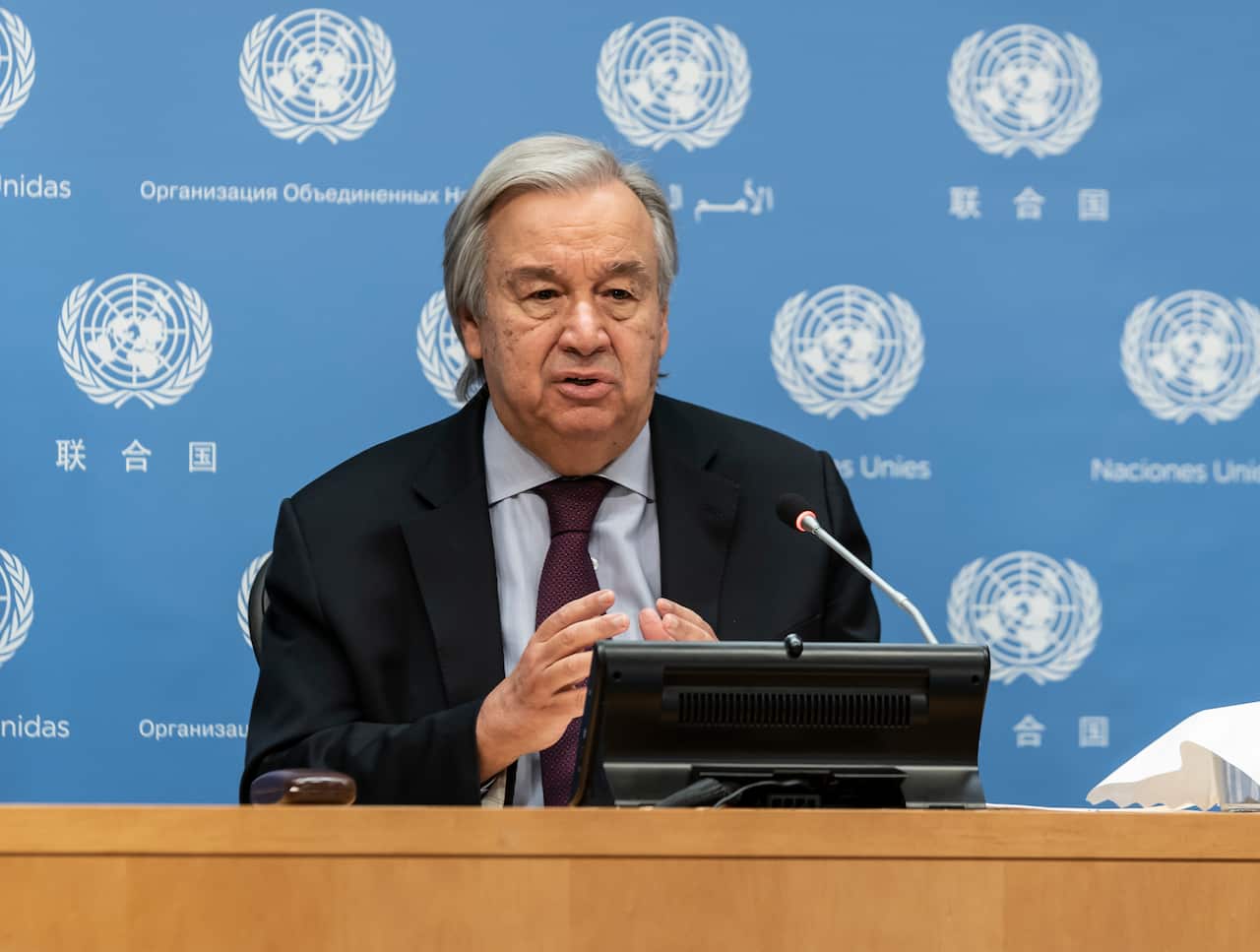 UN Secretary-General Antonio Guterres speaks during hybrid press stakeout at UN Headquarters on the need to reduce global emission by 6% annually.