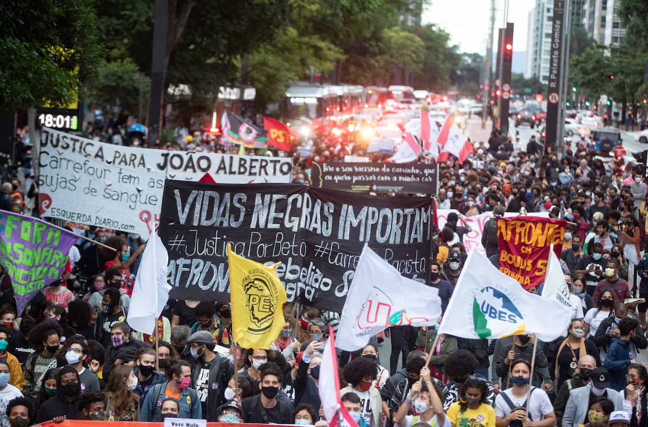 Activists including members of Black Lives Matter demonstrate against the murder of Black man Joao Alberto Silveira Freitas.